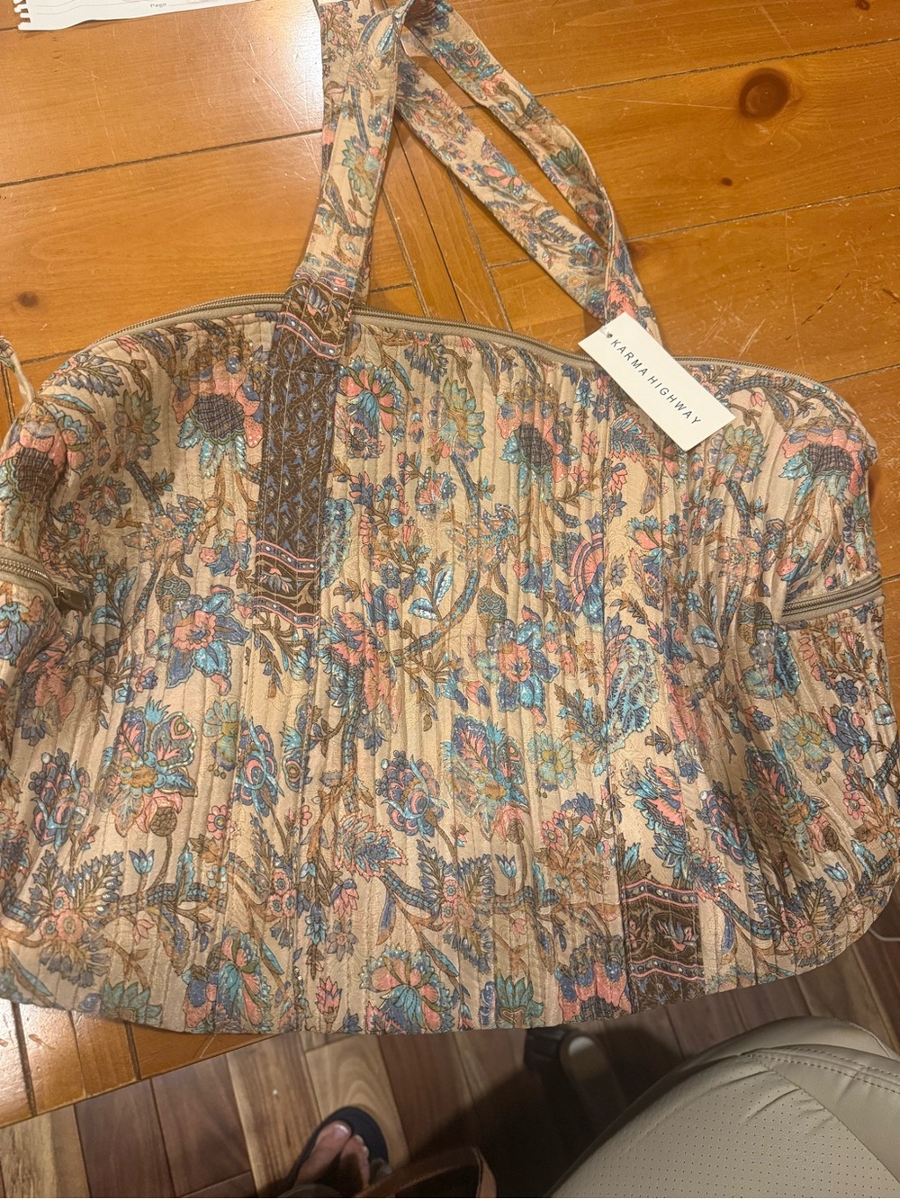 NEW KARMA HIGHWAY Floral Quilted Tote Bag in Beige and Blue PAISLEY DUFFLE BAG!